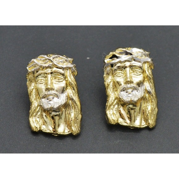 Real 10k Yellow Gold Jesus Head Diamond Cut Stud Earrings 2.7gr - Picture 2 of 6